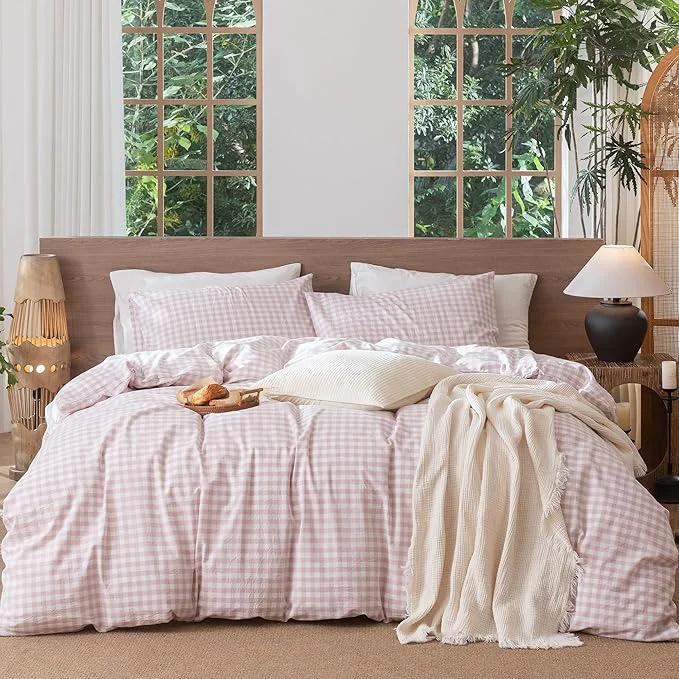 Reliable MooMee Gingham Duvet Cover Set Washed Cotton Linen Like Textured Breathable Durable Soft Comfy Modern Checkered Design Classic Gingham Greyish Pink Cal King 104 quot x98 quot