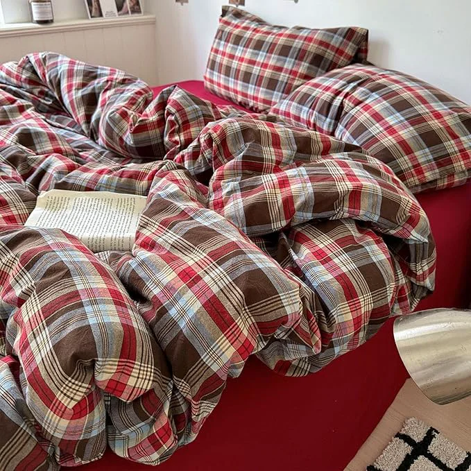 Proven LifeTB Vintage Buffalo Plaid Comforter Set Twin XL 3 Pieces Red Brown Grid Checkered Comforter with 2 Pillowcases Breathable Soft Farmhouse Grid Pattern Printed Plaid Gingham Bedding Comforter Set Consistent