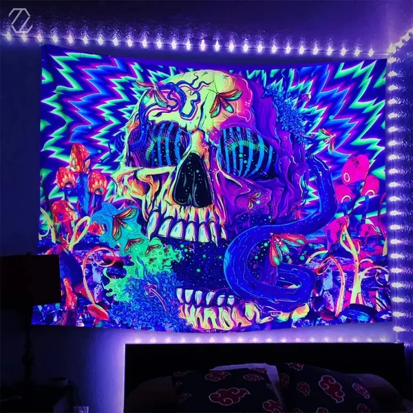 Functional Psychedelic Skull Tapestry Green