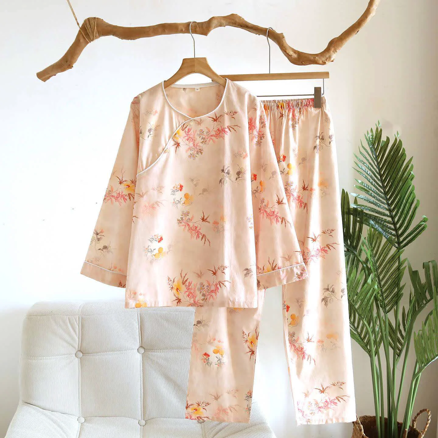 Flexible Ownkoti Oriental Pink Leaf Cotton Loungewear Set Expertly Made