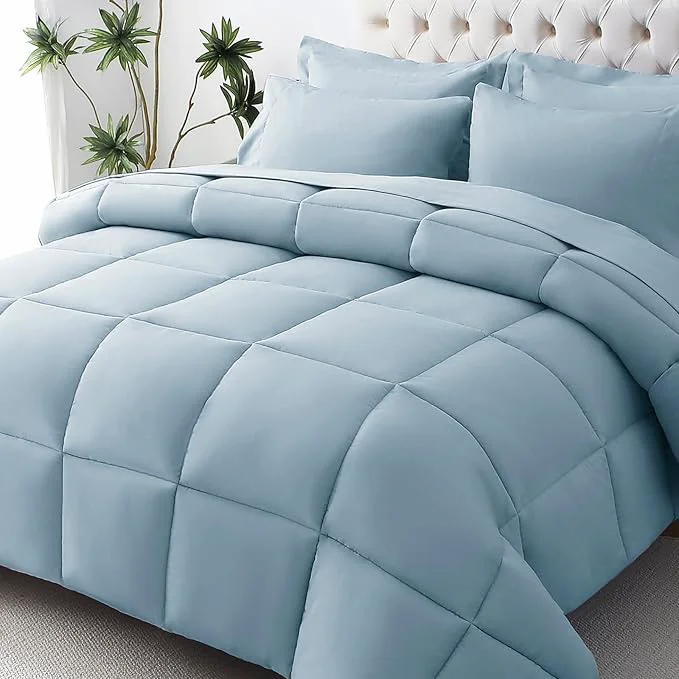 Safe JOLLYVOGUE California King Comforter Set Ultra-Soft Bed in a Bag Cal King Size 7 Pieces Oeko-TEX Bedding Set with Down Comforter Sheets Pillowcases amp Shams Lake Blue Innovative