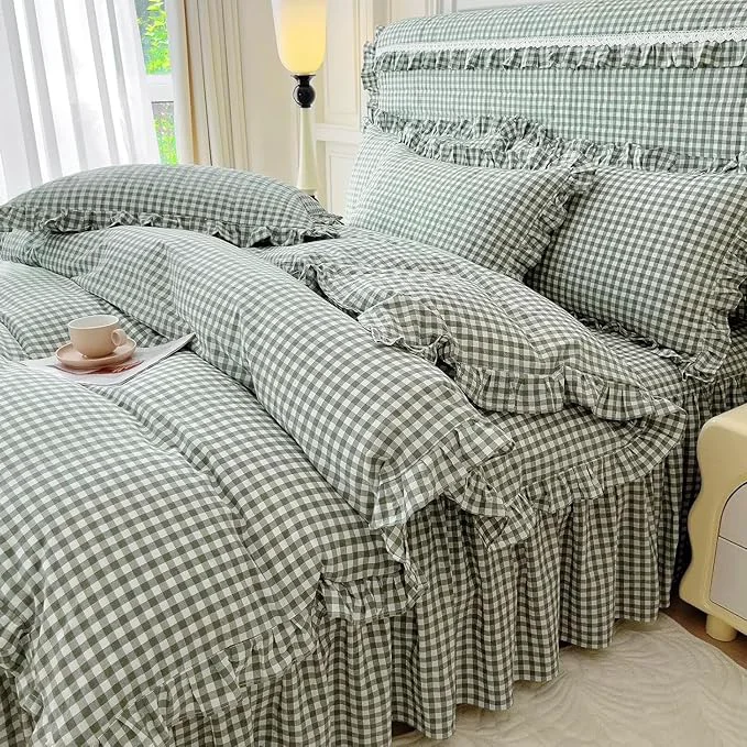 Natural LifeTB Green Gingham Comforter Set Full Size Ruffle Plaid Checkered Pattern Comforter Farmhouse Grid Plaid Gingham Bedding Comforter Set with 2 Pillowcases Fluffy Soft Lightweight Grid Bedding Set Recyclable