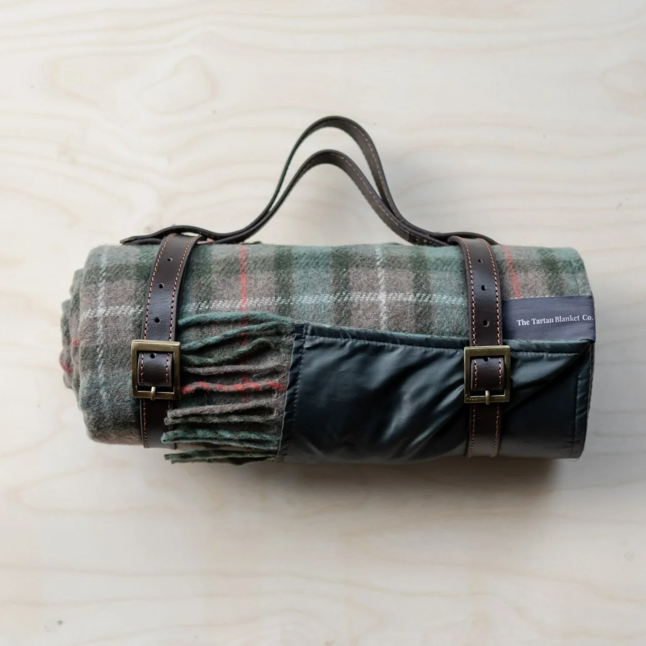 Premium Material Recycled Wool Waterproof Picnic Blanket in Fraser Hunting Weathered Tartan – Brown Leather Consistent