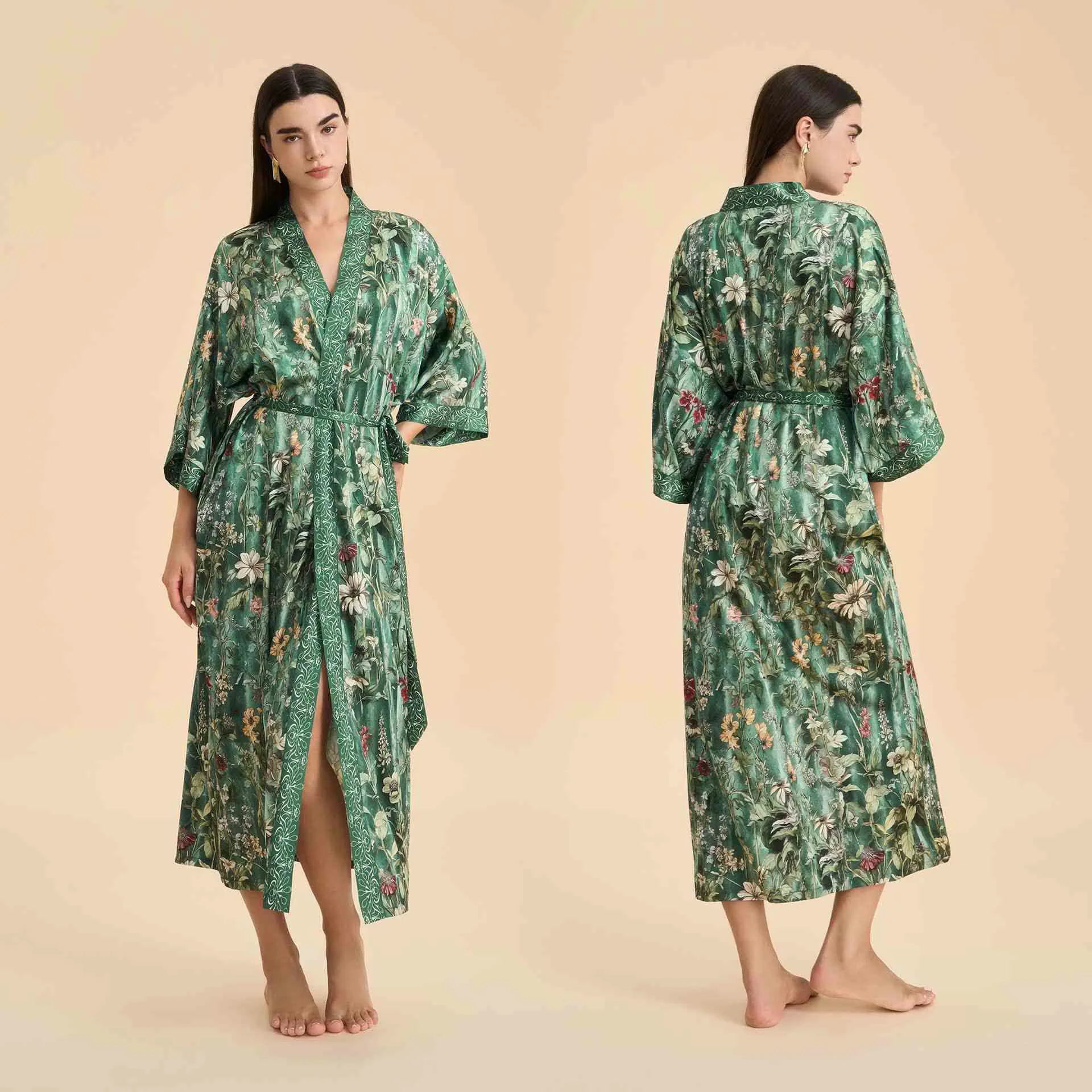 Safe Ownkoti Green Botanical Floral Kimono Style Bathrobe Stylish