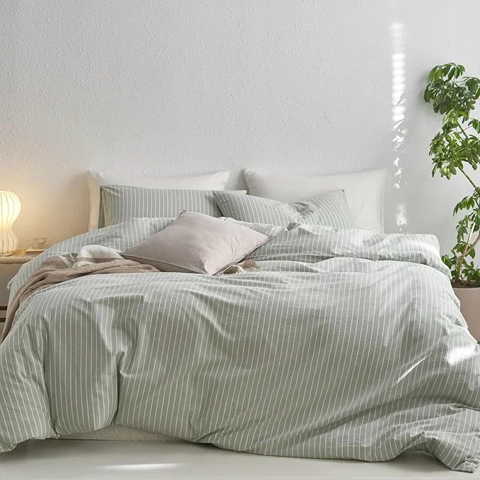 Efficient MooMee Striped Duvet Cover Set Washed Cotton Linen Like Textured Breathable Durable Soft Comfy Sage Green White Wide Stripes Alaska King 132 quot x120 quot Prestigious