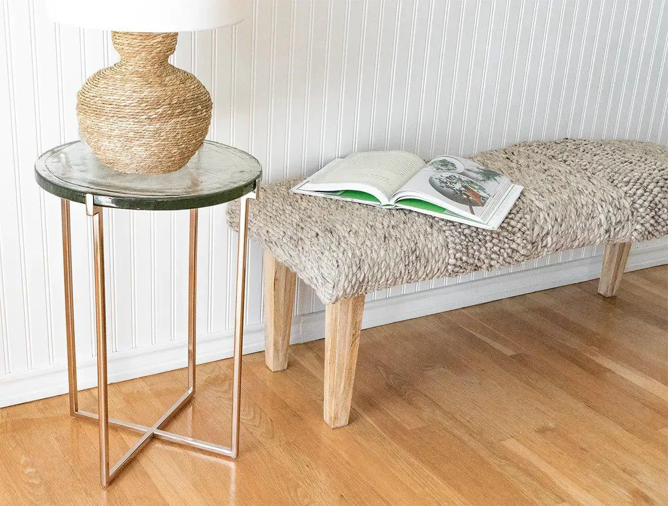 Crafted Handwoven Textured Taupe Ottoman Bench Official