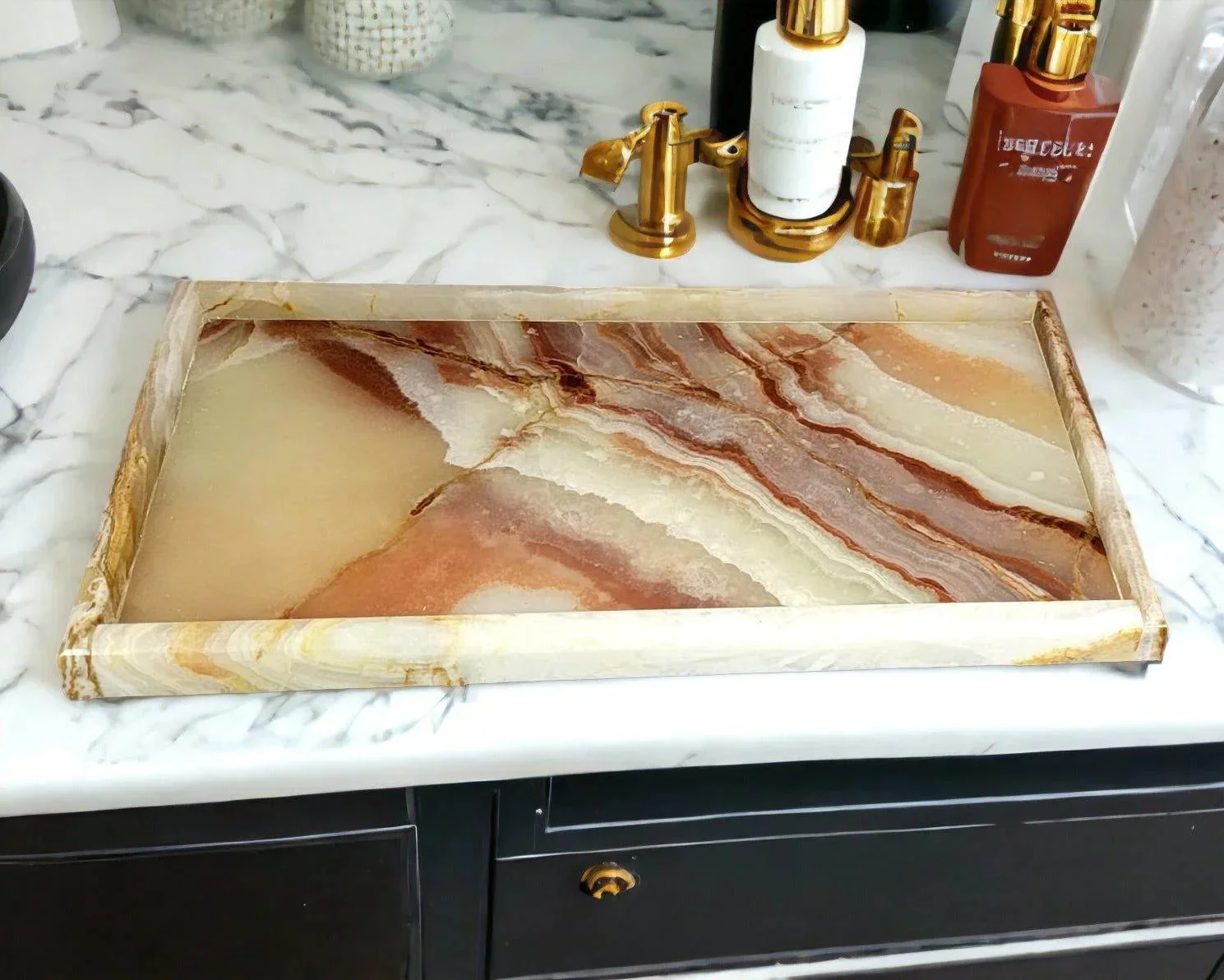 Green Bathroom Vanity Tray of Multi Brown Onyx Dependable