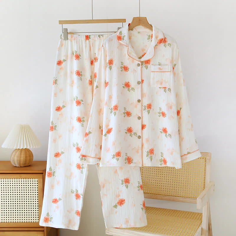 Authentic Ownkoti Orange Rose Cotton Gauze Loungewear Set Natural