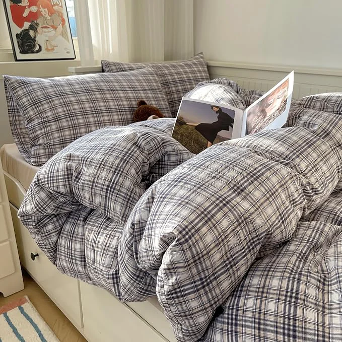Premium mixinni King Duvet Cover Set – 3 Piece Vintage Buffalo Plaid Bedding Washed Cotton Duvet Cover with 2 Pillowcases Soft amp Breathable Navy Beige White Geometric Grid Pattern for All Seasons World-Class