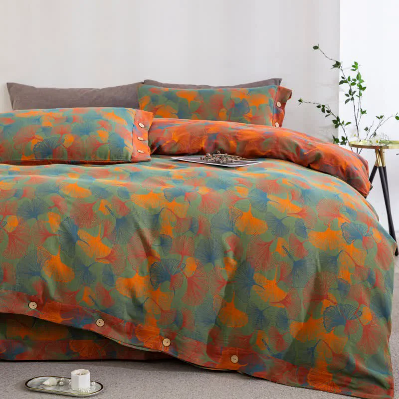 Breathable Ownkoti Artistic Ginkgo Leaf Cotton Gauze Bedding Set 4PCS Practical