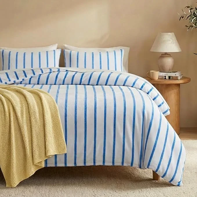 Certified Bedbay Blue Striped Comforter Set King Size Microplush Fleece Bedding Set Ultra Soft amp Warm Flannel Velvet Comforter Set 3 Pcs Blue White Stripes Pattern King Bed Set for All Seasons Convenient