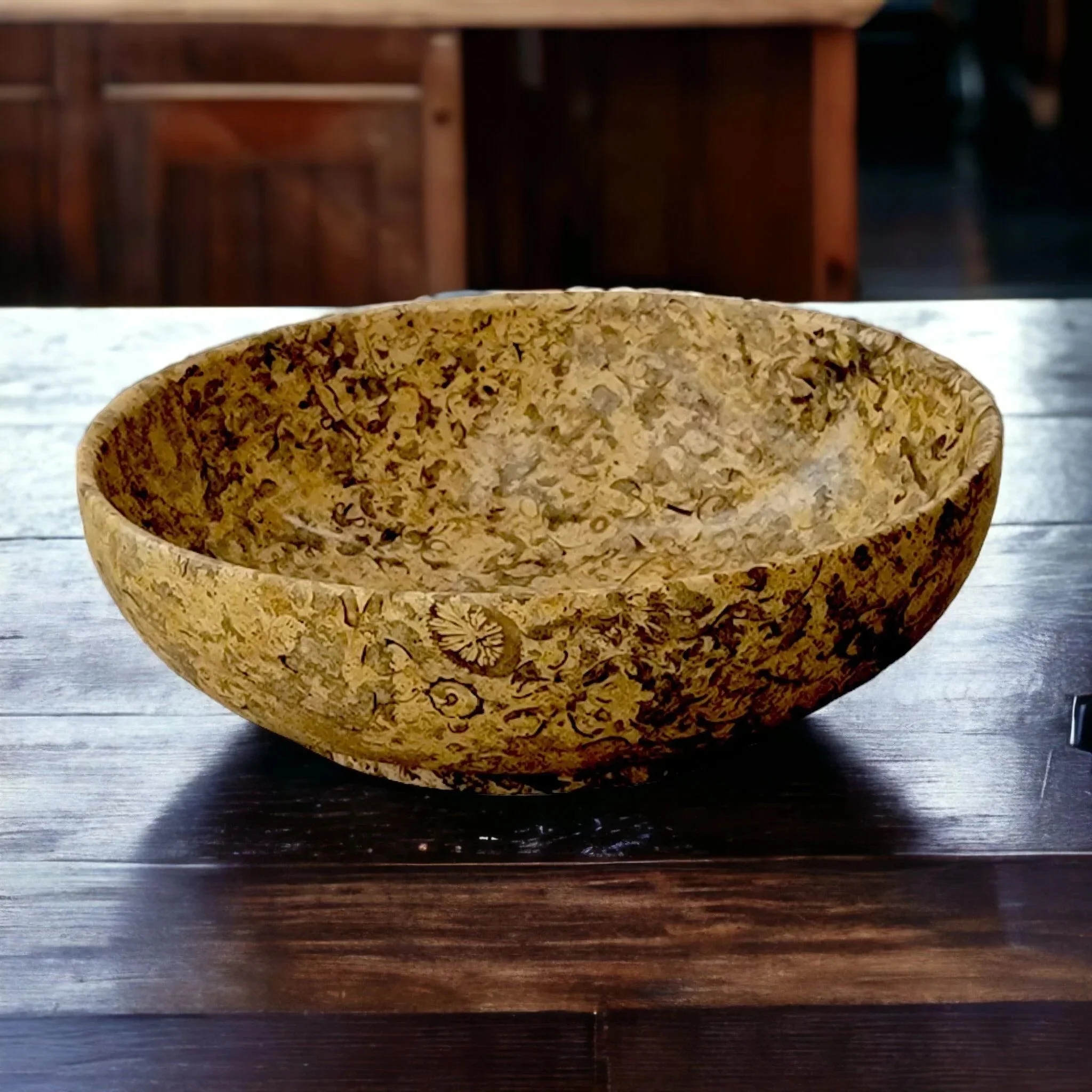 Expertly Made Classic 8-inches Fossil Stone Decorative Bowl Traditional
