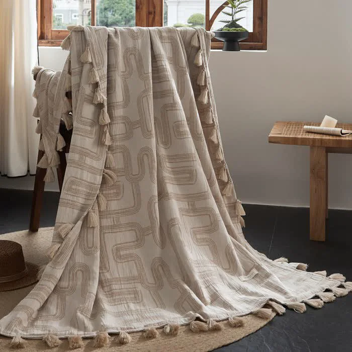 Fine Ownkoti Geometric Pattern Jacquard Cotton Linen Blanket Superior