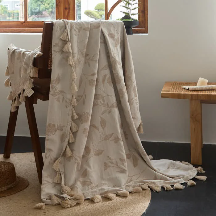Flexible Ownkoti Floral Leaf Jacquard Cotton Linen Blanket Effective