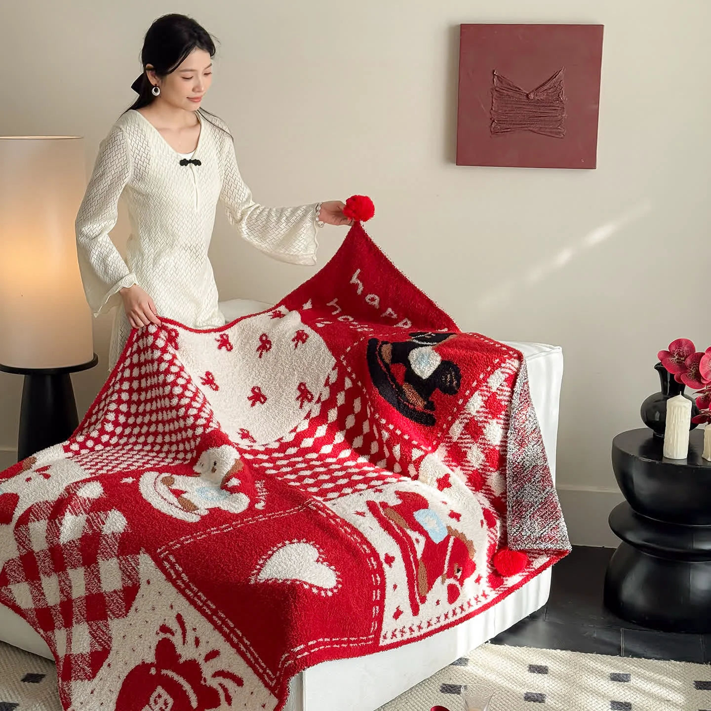 Secure Ownkoti Festive Red amp White Patchwork Throw Blanket Selected