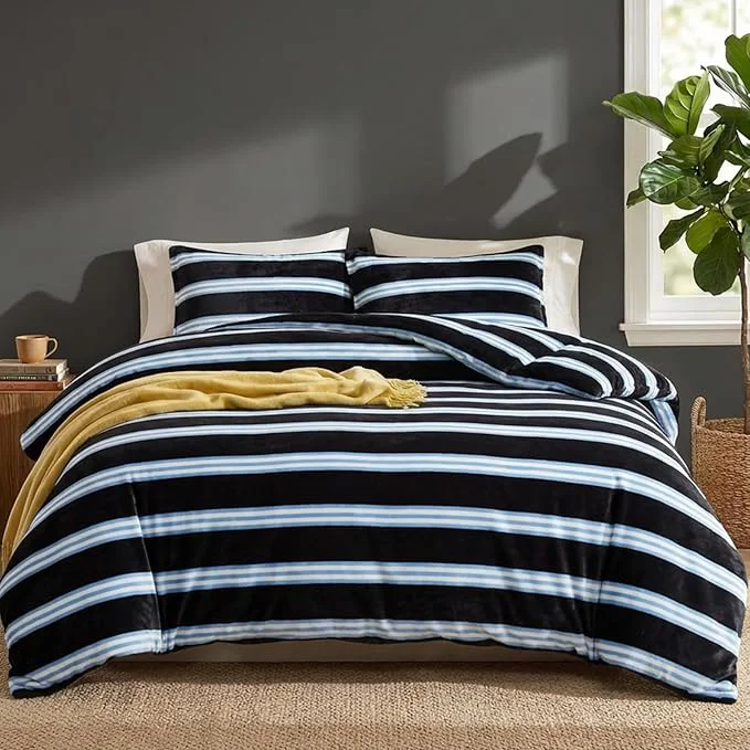 Superior Bedbay Striped Comforter Set Fluffy Fleece King Comforter Set Soft Warm Flannel Velvet Comforter 3 Pcs Blue Black Striped Bedding Set Modern Stripes Pattern King Bed Set for All Seasons Durable