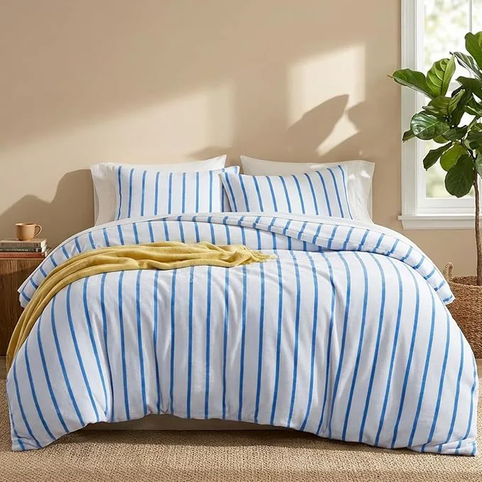 User-Friendly Bedbay Blue Striped Comforter Set Queen Size Microplush Fleece Bedding Set Ultra Soft amp Warm Flannel Velvet Comforter Set 3 Pcs Blue White Stripes Pattern Queen Bed Set for All Seasons Minimalist