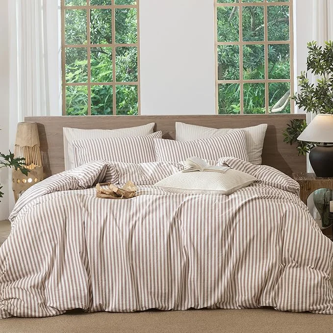 Powerful MooMee Striped Duvet Cover Set Washed Cotton Linen Like Textured Breathable Durable Soft Comfy Orange Classic Stripes Oversized Queen 98 quot x98 quot Fine Crafted
