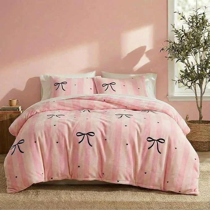 Sustainable Bedbay Pink Striped Fleece Comforter Set Queen Size Girls Bow Comforter Soft Warm Fleece Velvet Bedding Set Pink Stripes Cute Bow Tie Pattern Fluffy Queen Bed Set 3 Pcs for Boys Girls Teen Next-Generation