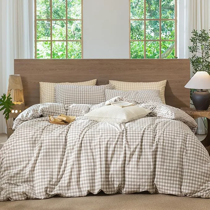 Stylish MooMee Gingham Duvet Cover Set Washed Cotton Linen Like Textured Breathable Durable Soft Comfy Modern Checkered Design Tannish Linen Grey Gingham Oversized Queen 98 quot x98 quot Consistent