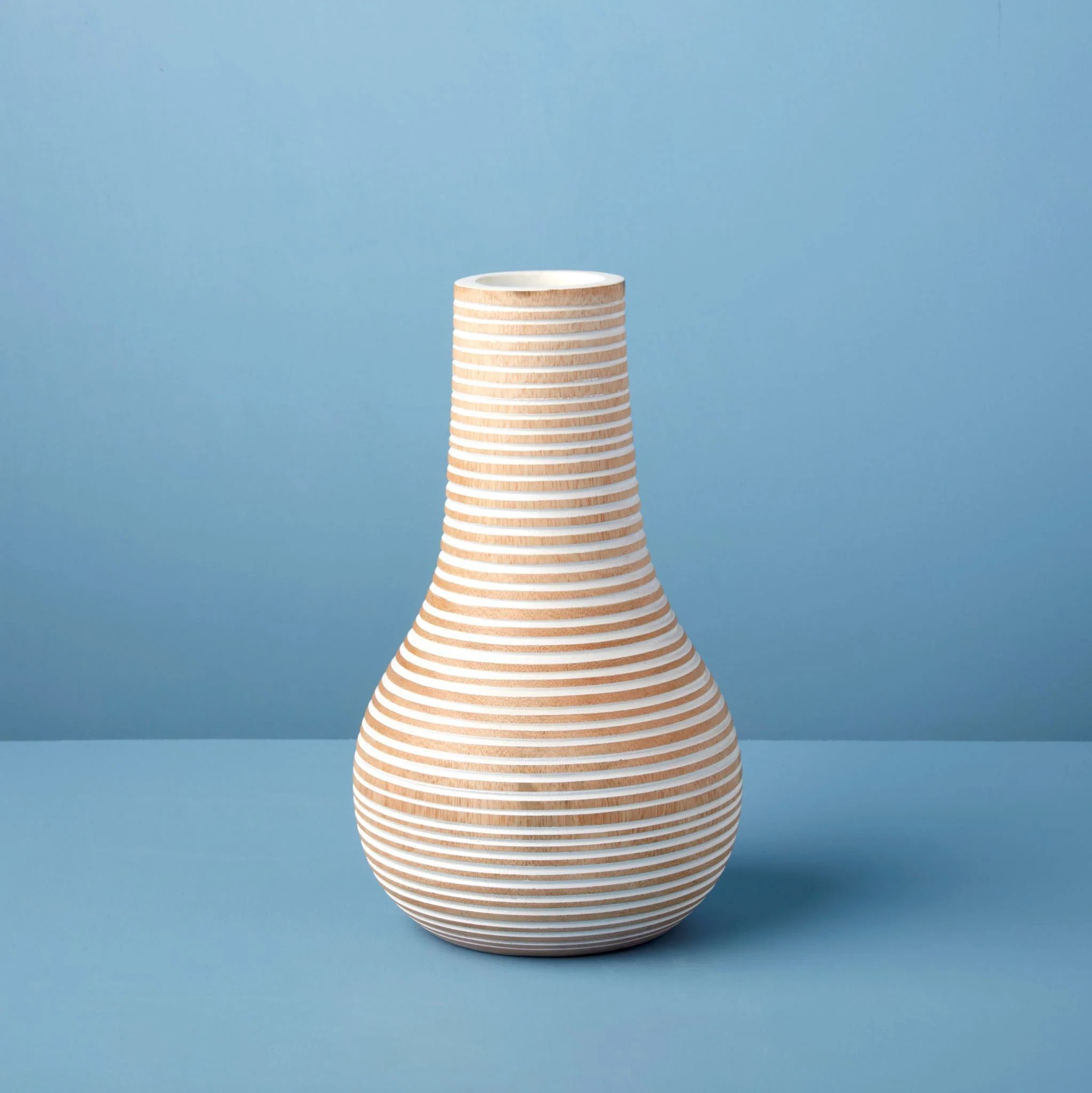 Breathable White Striped Kiln Mango Wood Bulb Vase Specialty