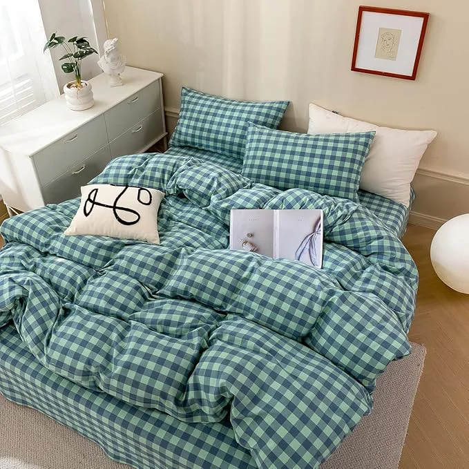 mixinni Green Gingham Grid Duvet Cover King Washed Cotton Modern Geometric Bedding Set with 2 Pillowcases Farmhouse Style Blue Plaid Comforter Cover Set for Men amp Women Soft amp Lightweight Certified