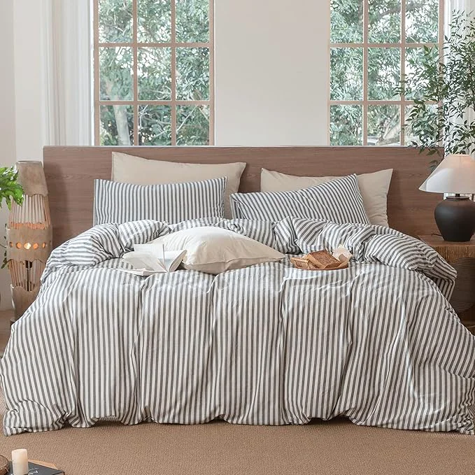 Crafted MooMee Striped Duvet Cover Set Washed Cotton Linen Like Textured Breathable Durable Soft Comfy Dark Grey White Classic Stripes Twin 68 quot x90 quot Original