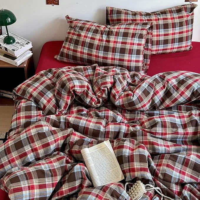 Outstanding mixinni Vintage Red amp Brown Buffalo Plaid Duvet Cover Set Full Size – 3 Piece Washed Cotton Bedding Set with Classic Checkered Pattern Cozy Farmhouse Duvet Cover with Pillowcases for All Seasons Enhanced