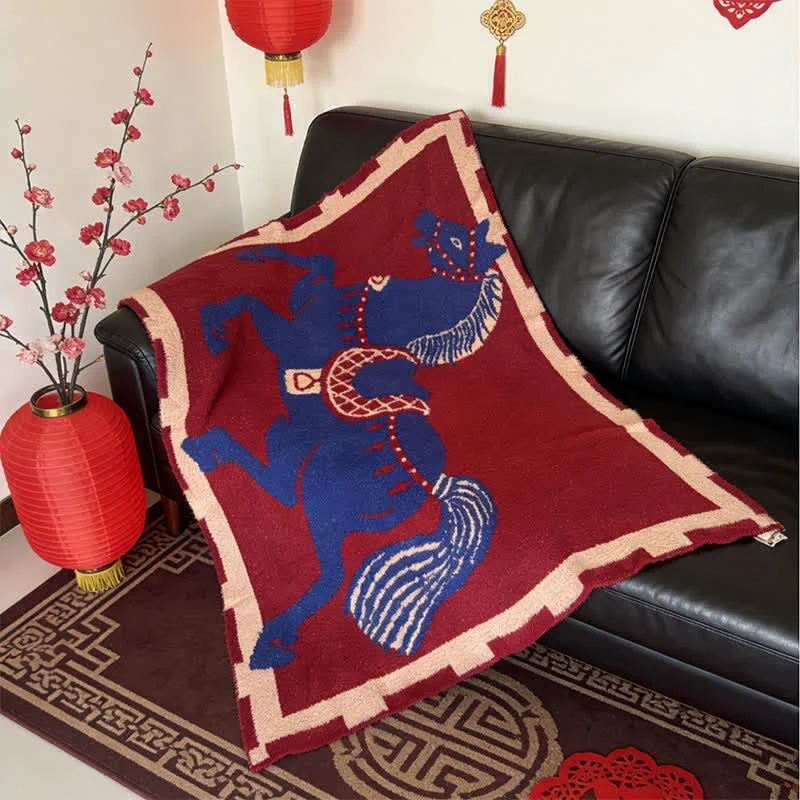 Pure Ownkoti Blue Horse Totem Knitted Throw Blanket High-Quality