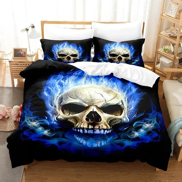 Crafted 3D Blue Flame Skull Duvet Cover Recyclable