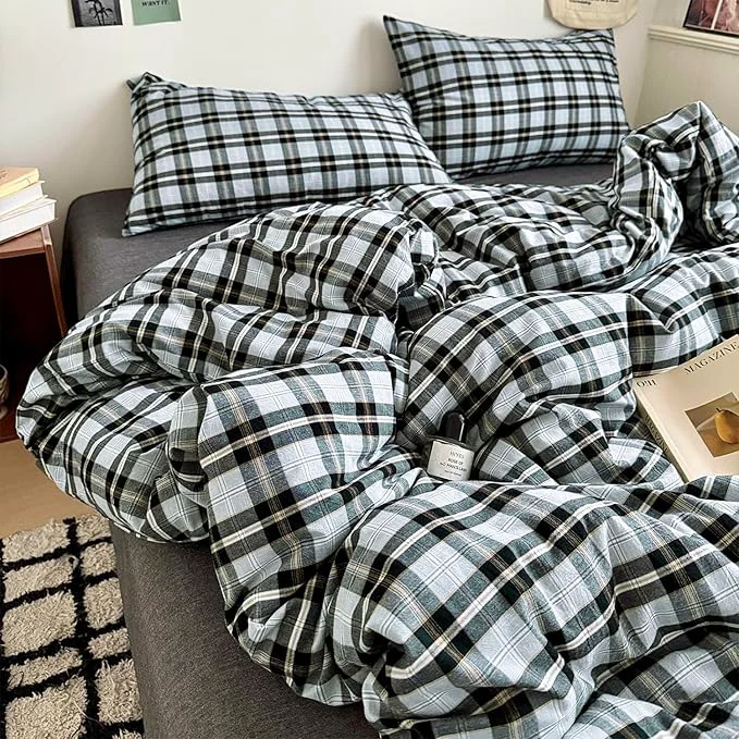 Natural mixinni Vintage Grey amp Pale Blue Buffalo Plaid Duvet Cover Set Full Size – 3 Piece Washed Cotton Bedding Set with Grid Pattern Soft amp Breathable Duvet Cover with Pillowcases for Boys Men amp Women Responsible