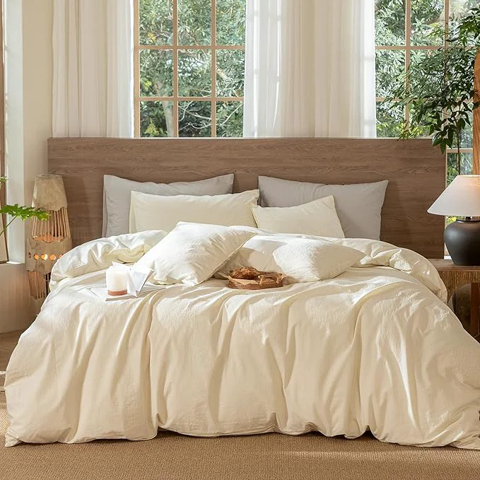 Eco-Friendly MooMee Wavy Striped Duvet Cover Set Washed Cotton Linen Like Textured Breathable Durable Soft Comfy Cream White Super Queen 90 quot x98 quot Original Design