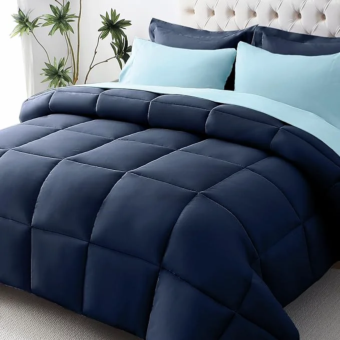 Superior JOLLYVOGUE Full Comforter Set Ultra-Soft Bed in a Bag Full Size 7 Pieces Oeko-TEX Bedding Set with Down Comforter Sheets Pillowcases amp Shams Navy amp Light Blue User-Friendly