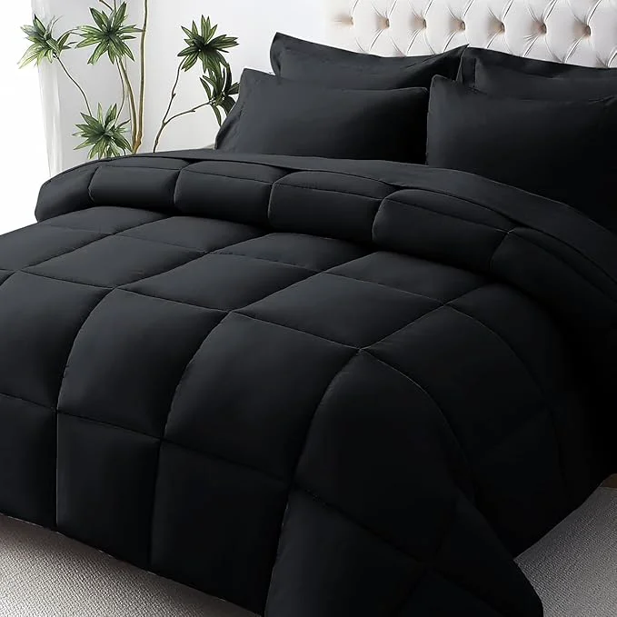 Prestigious JOLLYVOGUE Full Comforter Set Ultra-Soft Bed in a Bag Full Size 7 Pieces Oeko-TEX Bedding Set with Down Comforter Sheets Pillowcases amp Shams Black Pure
