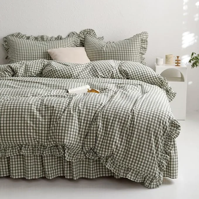 Traditional mixinni Green Ruffle Duvet Cover King Size 3 Pieces – Washed Cotton Vintage Plaid Ruffled Bedding Set with Zipper Ties Soft Checkered Grid Farmhouse Chic Comforter Cover Set Crafted