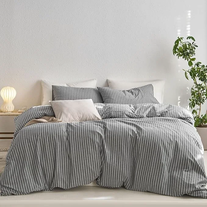 Recyclable MooMee Striped Duvet Cover Set Washed Cotton Linen Like Textured Breathable Durable Soft Comfy Dark Grey White Wide Stripes Twin 68 quot x90 quot Premium Material