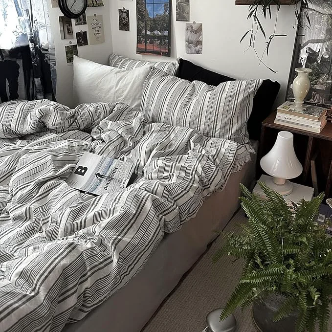 Modern mixinni Vintage Gray amp White Striped Duvet Cover Set – 3 Piece Washed Cotton Twin XL Size Bedding Minimalist Gender-Neutral Design Ultra-Soft Breathable with Zipper Closure amp Corner Ties Selected