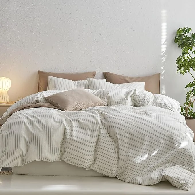 Unique MooMee Striped Duvet Cover Set Washed Cotton Linen Like Textured Breathable Durable Soft Comfy White Sage Green Wide Stripes Super King 108 quot x98 quot Selected