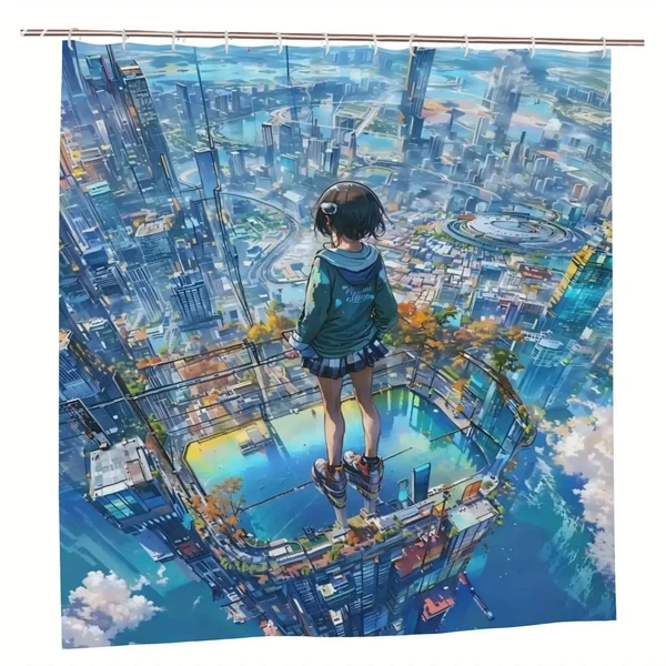 Versatile Urban Skyline Anime Shower Curtain Natural