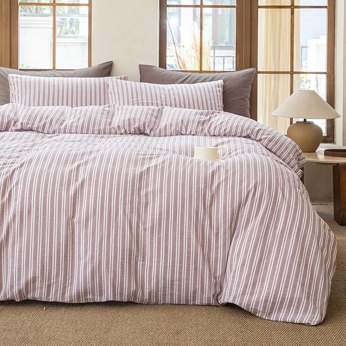 Durable Striped Duvet Cover Set Washed Cotton Linen Like Soft Feelling Breathable Bedding Dusty Purple King Secure