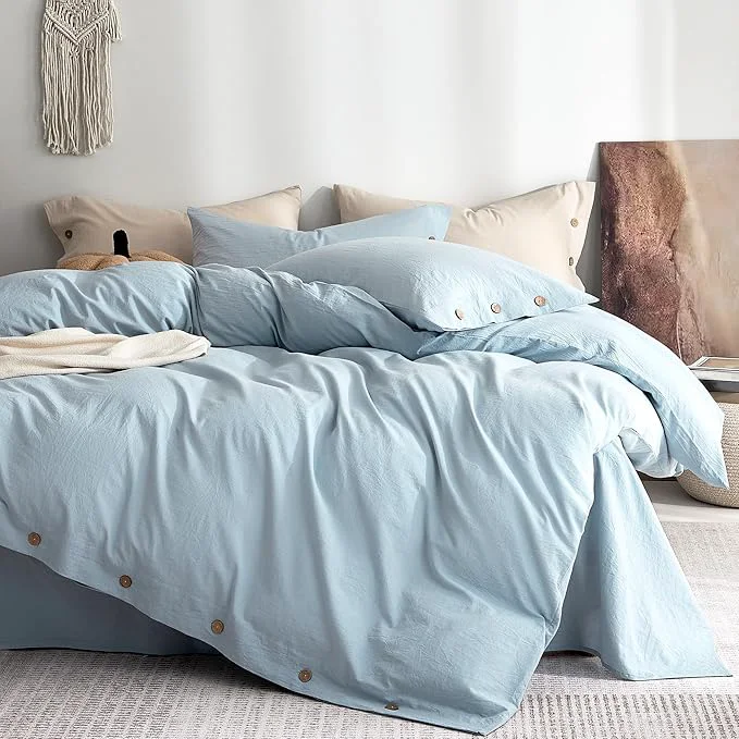 High-End JELLYMONI Washed Cotton Duvet Cover Full – Soft Breathable Linen-Look Bedding with Natural Wrinkle Texture Button Closure 3-Piece Set Mist Blue 80 quot x90 quot Powerful