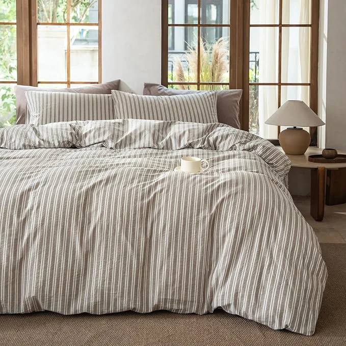 Eco-Friendly Luxury Washed Cotton Linen Like Duvet Cover Set 3 Pcs Striped Trendy Bedding with Zipper Closure Linen Grey King Prestigious