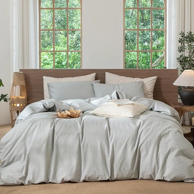 Advanced MooMee Striped Duvet Cover Set Washed Cotton Linen Like Textured Breathable Durable Soft Comfy Heathered Green Pinstripes Queen 90 quot x90 quot Consistent