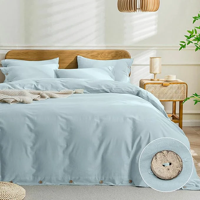 Easy-to-Use JELLYMONI Cotton Duvet Cover Full Size – Light Blue Comforter Cover with Button Washed Cotton 3PCS Breathable Soft Solid Bedding Set Duvet Cover 80×90in amp 2 Pillowcases NO Comforter Advanced