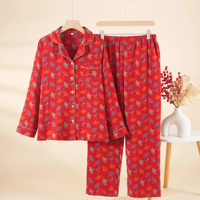 Prestigious Ownkoti Ginkgo Leaf Cotton Gauze Pajama Set Premium