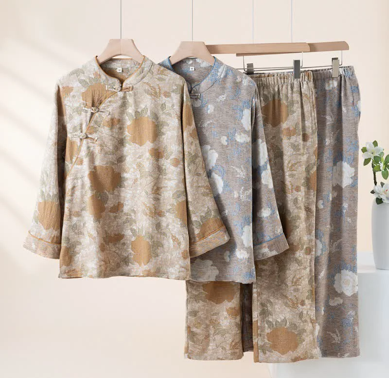 Refined Ownkoti Vintage Floral Mandarin Collar Cotton Pajama Set Green