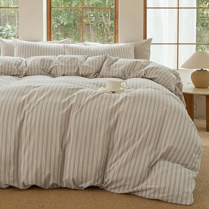 Crafted Striped Duvet Cover Set Washed Cotton Linen Like Bedding Set Breathable Durable Comfy Strip-Tannish Linen Grey White Queen Original Design