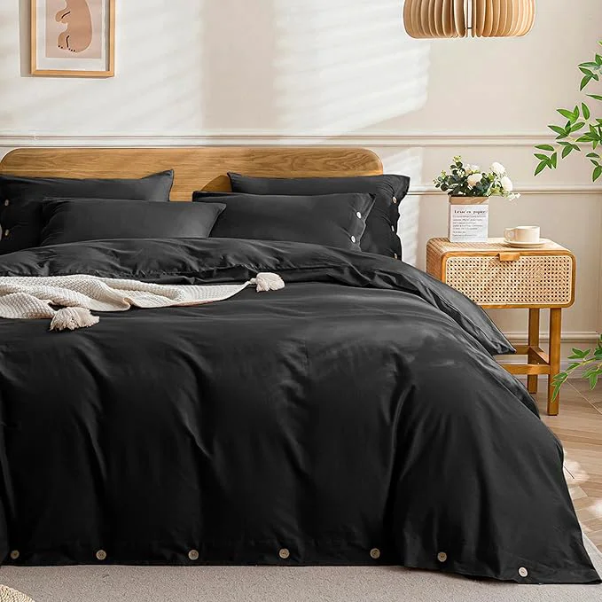 Trendy JELLYMONI Cotton Duvet Cover Cal King Size – Pure Black Comforter Cover with Button Washed Cotton 3PCS Breathable Soft Solid Bedding Set Duvet Cover 104×98in amp 2 Pillowcases NO Comforter Official