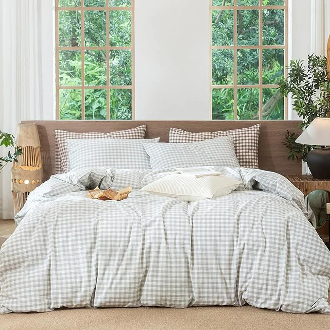 Fine Crafted MooMee Gingham Duvet Cover Set Washed Cotton Linen Like Textured Breathable Durable Soft Comfy Modern Checkered Design Northern Droplet Grey Gingham Full 80 quot x90 quot Healthy