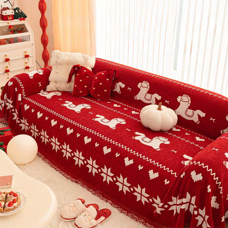 Proven Ownkoti New Year Chenille Sofa Cover with Lucky Horse Crafted